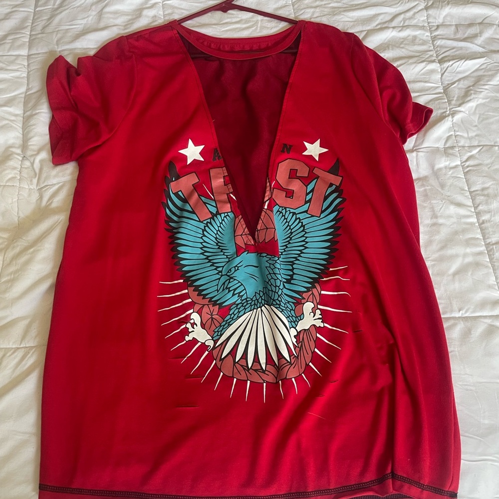 Red shirt with sheer Deep V